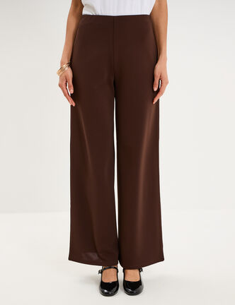 Pantalon large fluide taille haute marron fonc&eacute; femme
