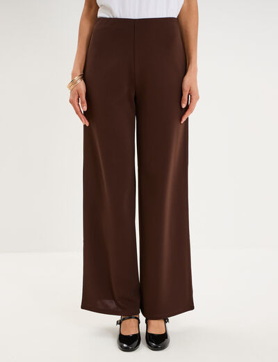 Pantalon large fluide taille haute marron fonc&eacute; femme