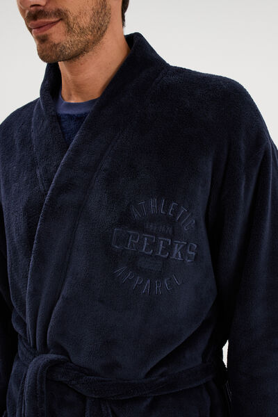 Peignoir long effet velours bleu fonc&eacute; homme