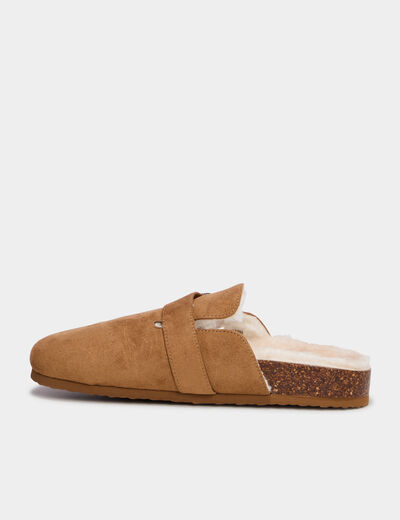 Mules fourr&eacute;es avec boucles marron femme