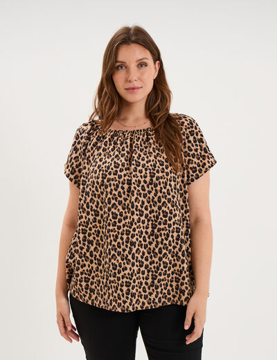 T-shirt gaufr&eacute; avec manches &agrave; noeuds beige clair femme grande taille