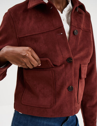 Veste effet su&eacute;dine boutonn&eacute;e bordeaux femme