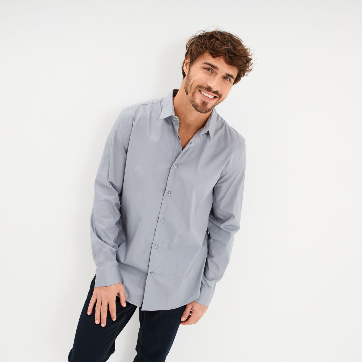 Chemise stretch manches longues bleu gris homme