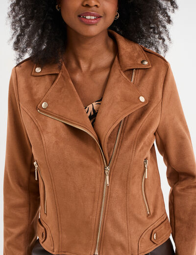 Veste courte esprit biker effet suédine marron clair femme