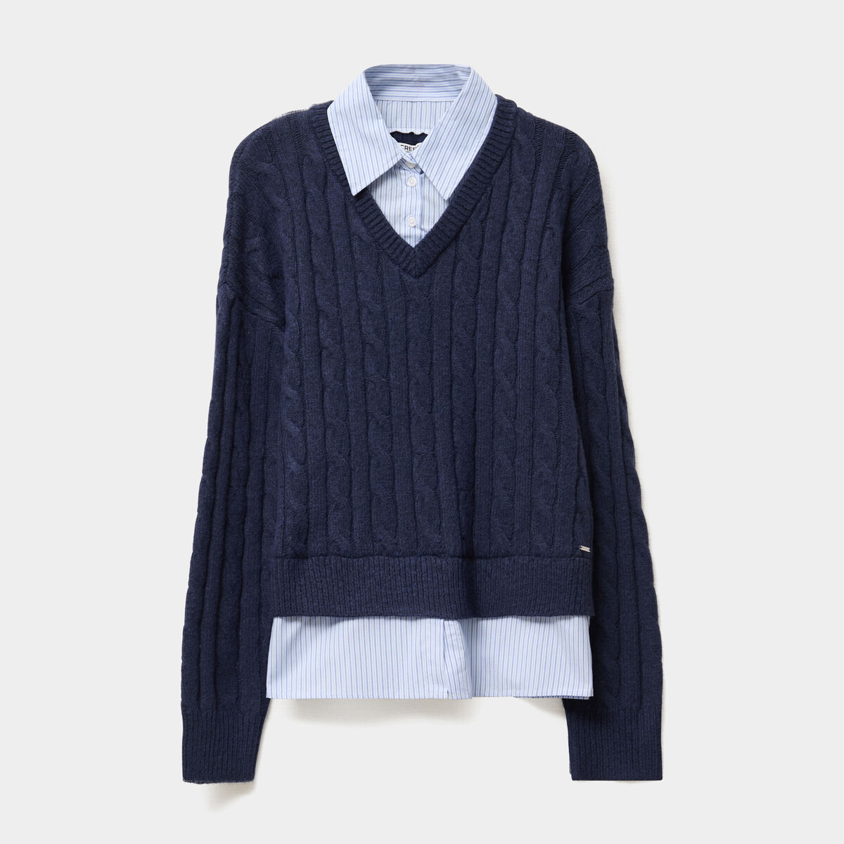 Pull torsades effet 2-en-1 chemise bleu marine femme