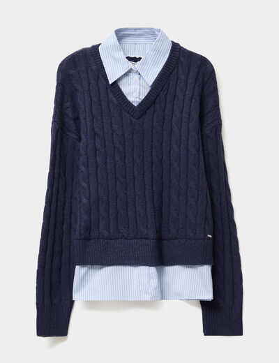 Pull torsades effet 2-en-1 chemise bleu marine femme