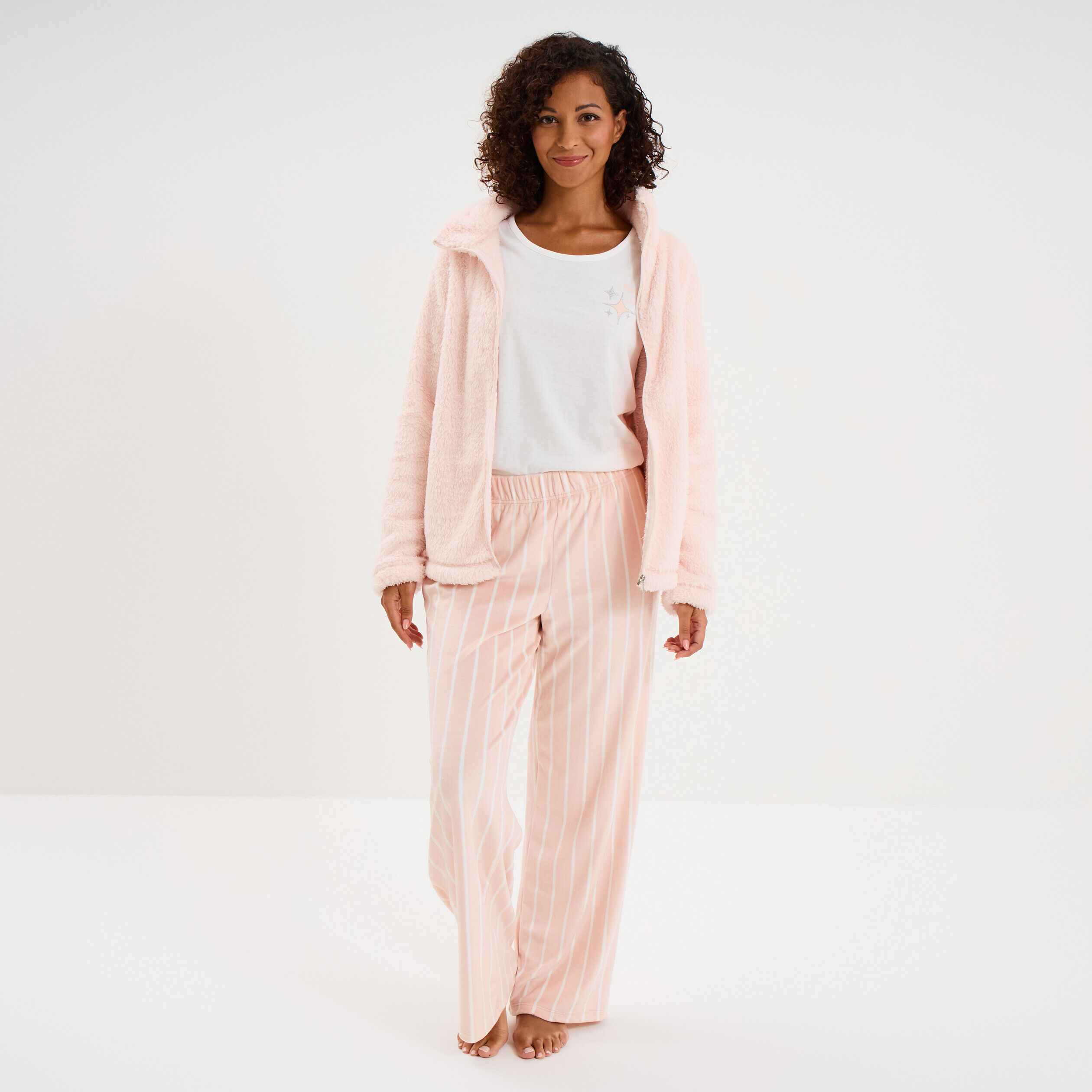 Ensemble pyjama 3 pièces effet polaire rose nude femme LH