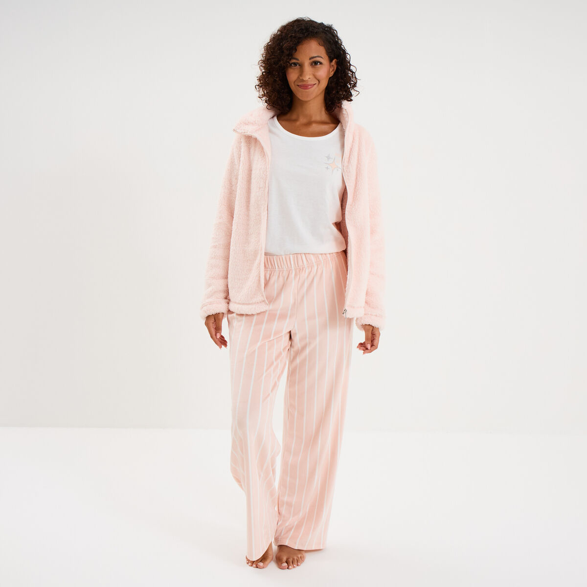 Ensemble pyjama 3 pi&egrave;ces effet polaire rose nude femme