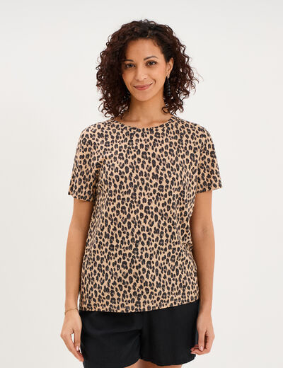 T-shirt manches courtes m&eacute;lange lin beige clair femme