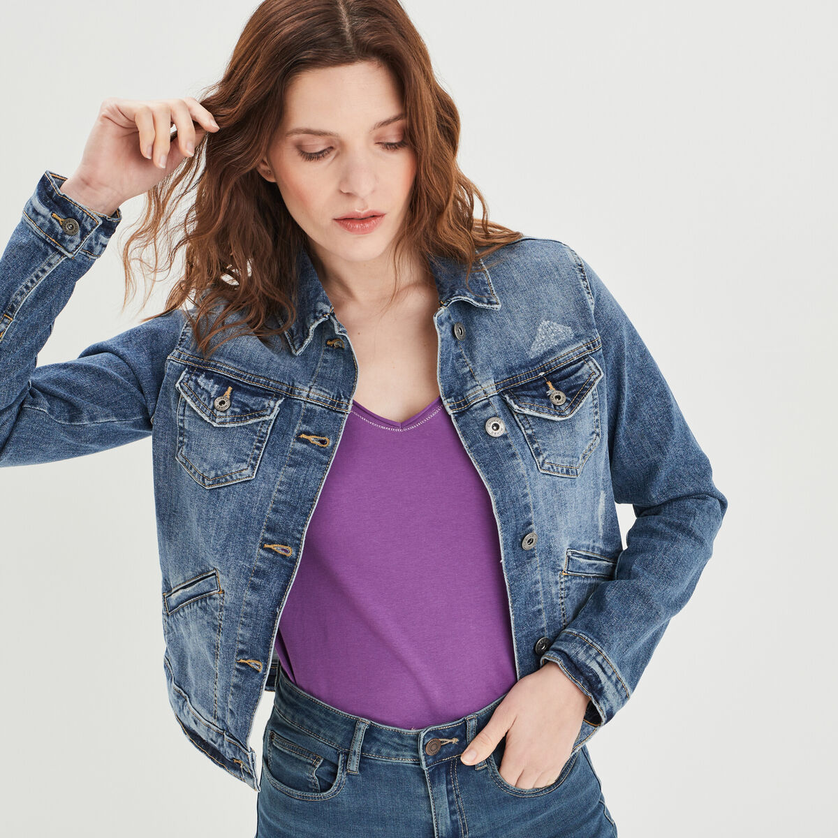 Veste droite boutonn&eacute;e en jean denim double stone femme
