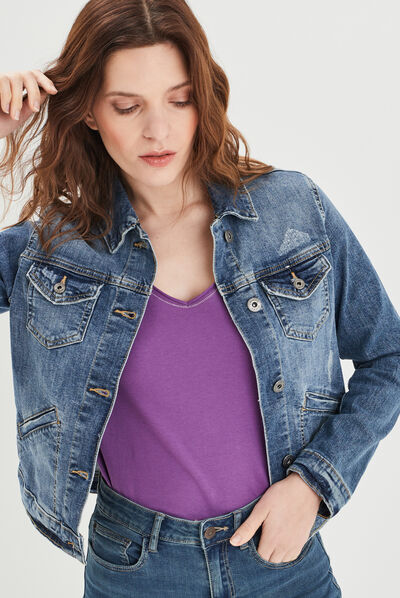 Veste droite boutonnée en jean denim double stone femme