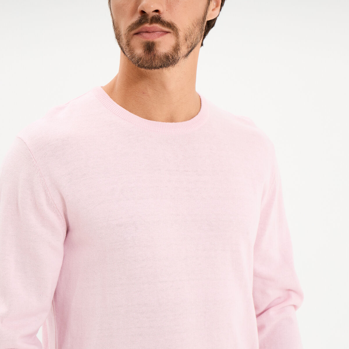 Pull droit col rond coton m&eacute;lang&eacute; rose pastel homme