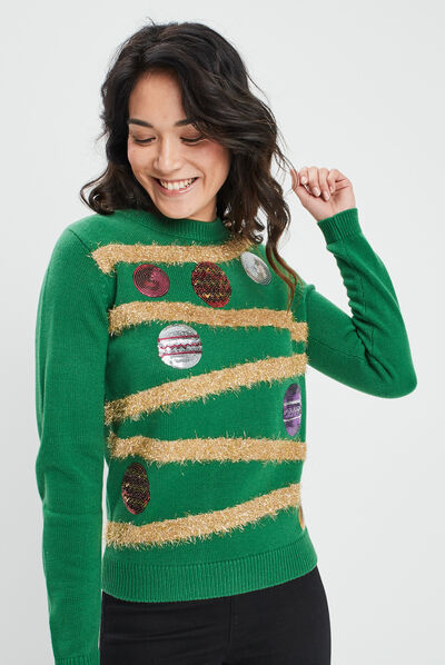 Pull de Noël avec sequins vert femme