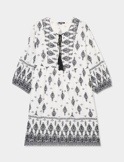 Robe trapèze col tunisien avec noeud ecru femme