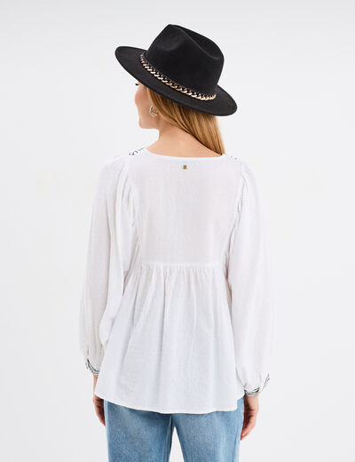 Blouse brodée manches ballons blanc femme
