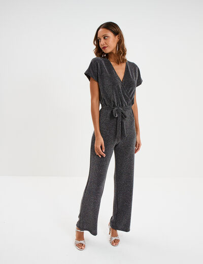 Combinaison pantalon paillettes gris argent femme