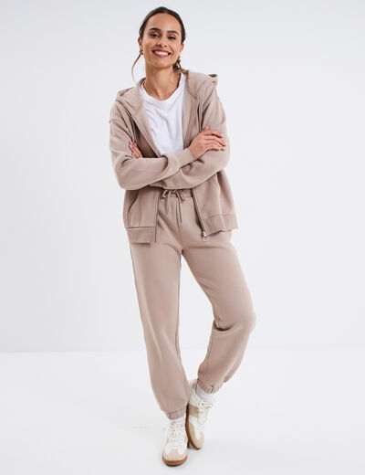 Pantalon jogging droit molleton beige femme
