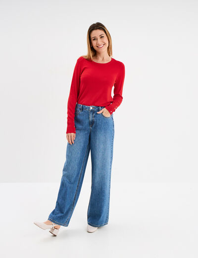 Pull col rond boutons aux poignets rouge femme