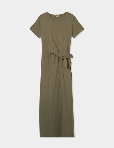 Robe midi taille effet noué coton vert kaki femme