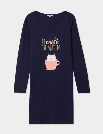 Chemise de nuit manches longues coton bleu marine femme