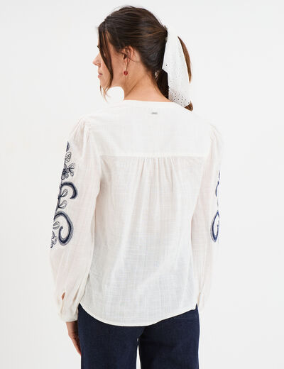 Blouse col tunisien manches brodées ecru femme