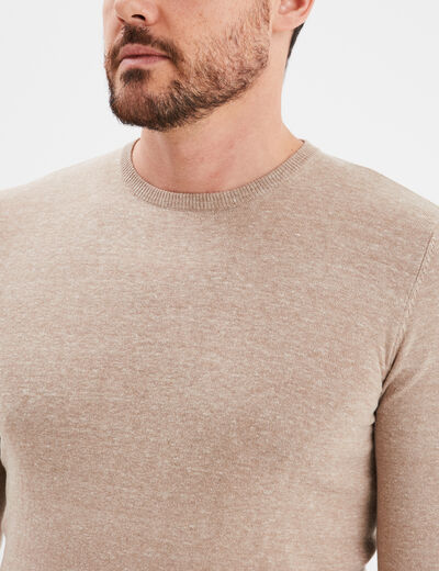 Pull droit col rond mélange coton beige homme