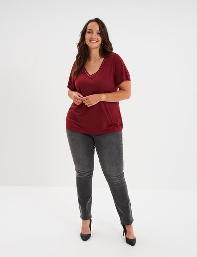 T-shirt manches courtes col V bordeaux femme grande taille