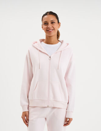 Sweat zipp&eacute; &agrave; capuche molleton rose clair femme