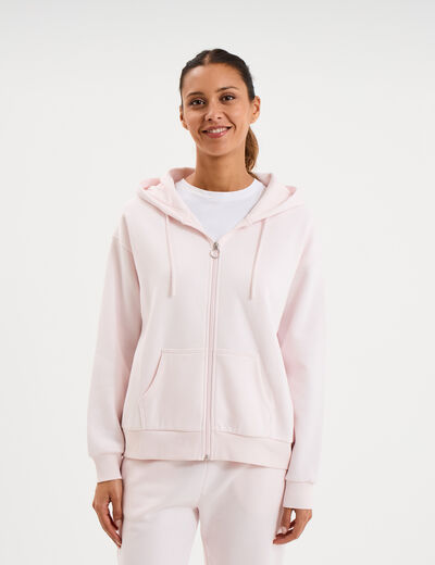 Sweat zipp&eacute; &agrave; capuche molleton rose clair femme