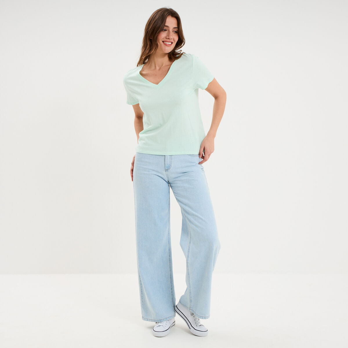 T-shirt manches courtes col en V coton vert clair femme