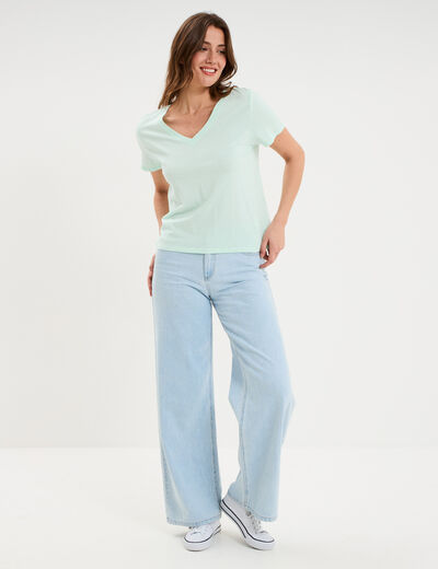 T-shirt manches courtes col en V coton vert clair femme