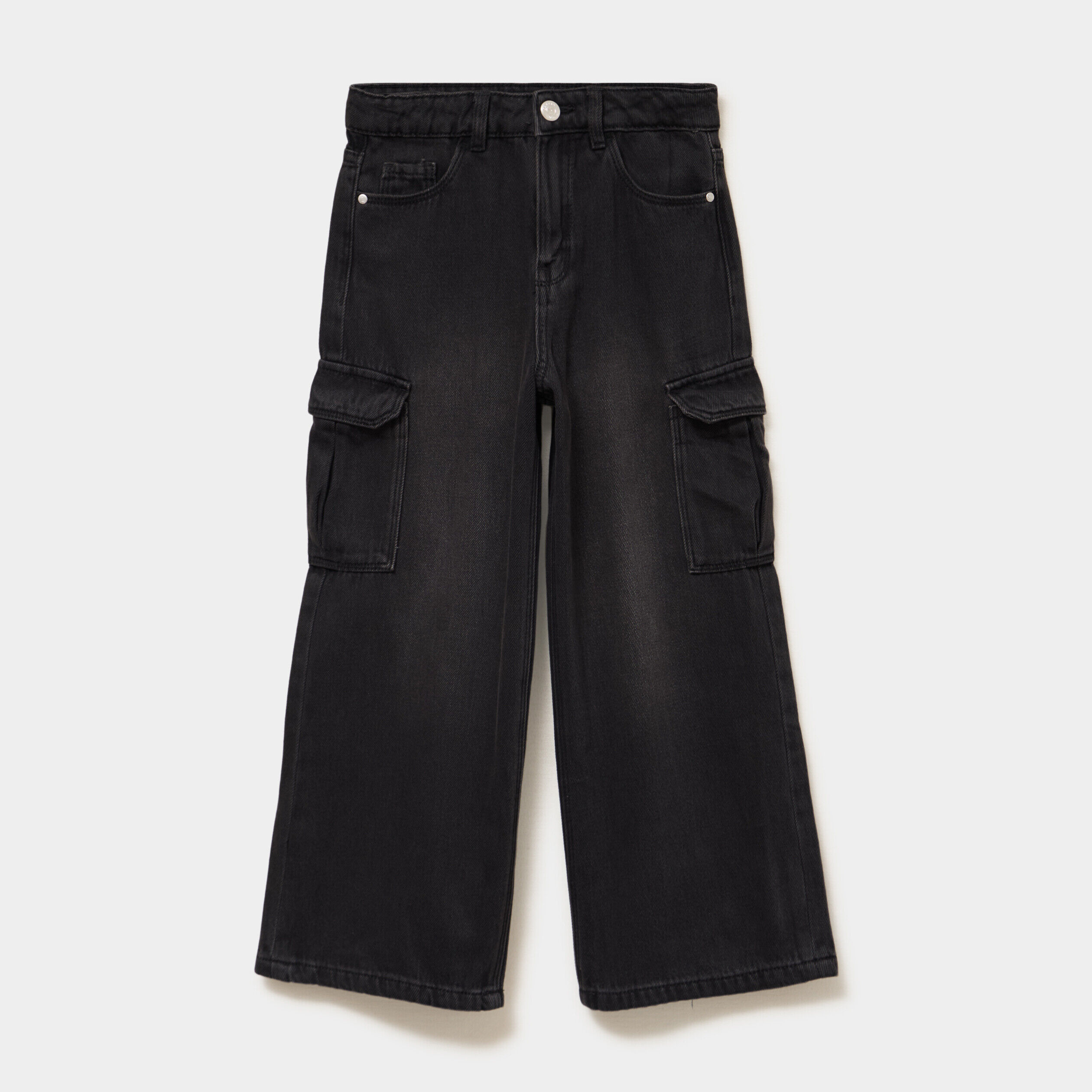 Jean large cargo poches à rabat coton denim noir fille