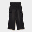 Jean large cargo poches &agrave; rabat coton denim noir fille