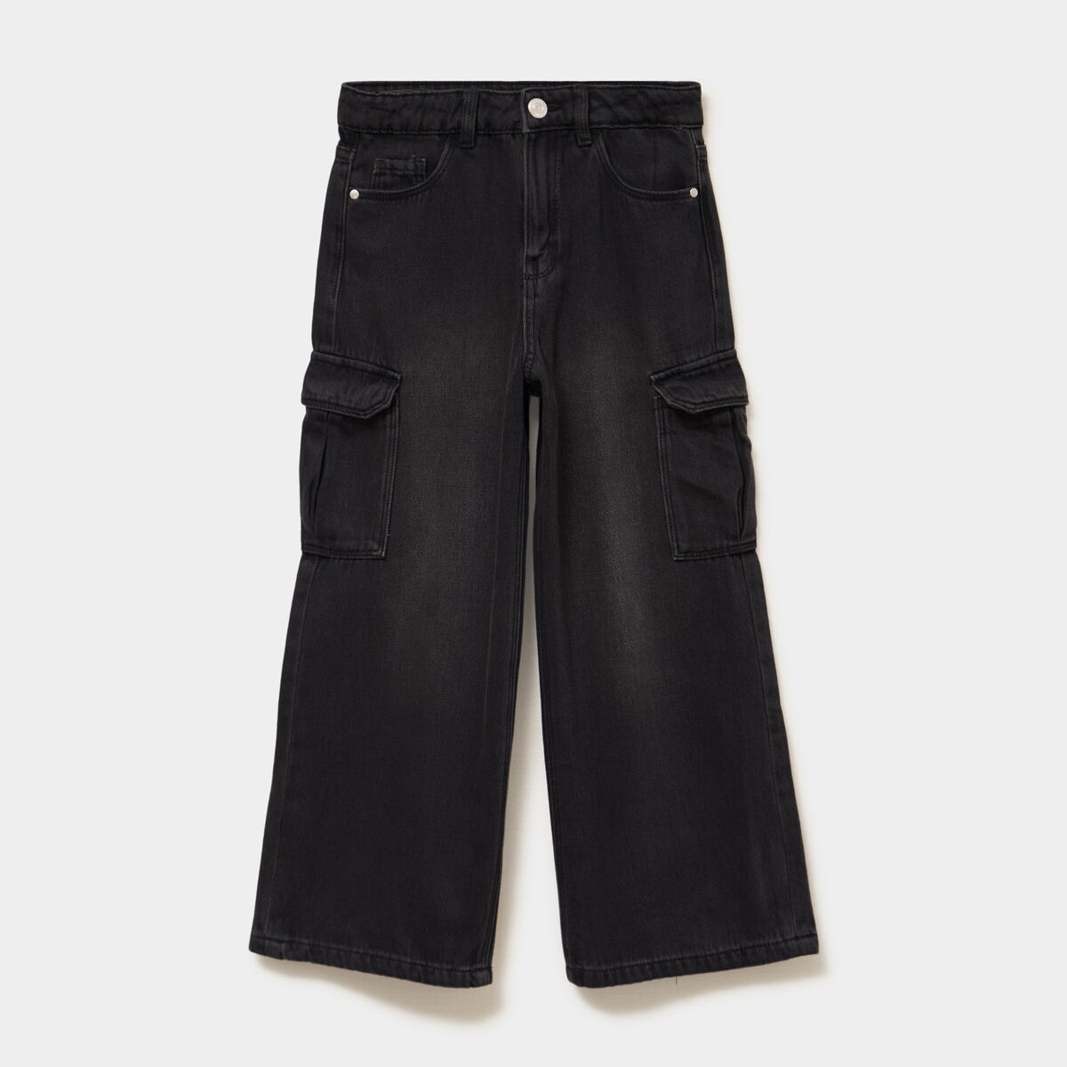 Jean large cargo poches &agrave; rabat coton denim noir fille