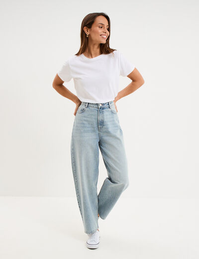 Jean balloon taille haute cropped coton bleu gris femme