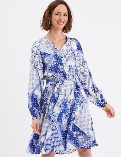 Robe fluide manches longues ceintur&eacute;e bleu femme