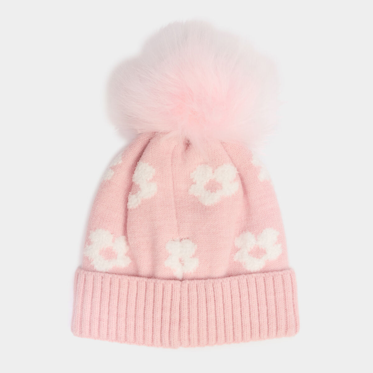 Bonnet avec pompon fausse fourrure rose fille