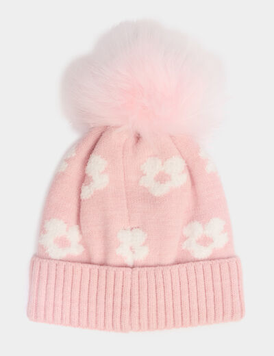 Bonnet avec pompon fausse fourrure rose fille