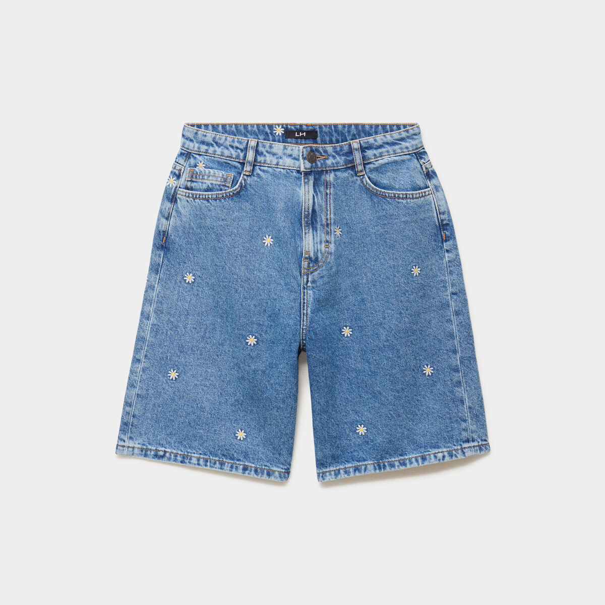 Short bermuda en jean large brod&eacute; denim double stone femme