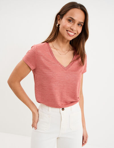 T-shirt col en V manches courtes terracotta femme