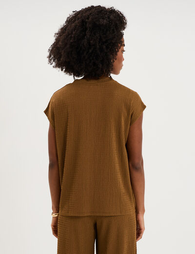 T-shirt gaufr&eacute; col rond avec boutons beige femme