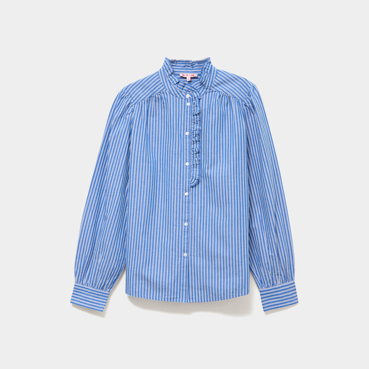 Blouse col montant &agrave; volants coton bleu femme