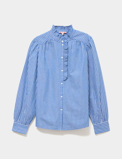 Blouse col montant &agrave; volants coton bleu femme