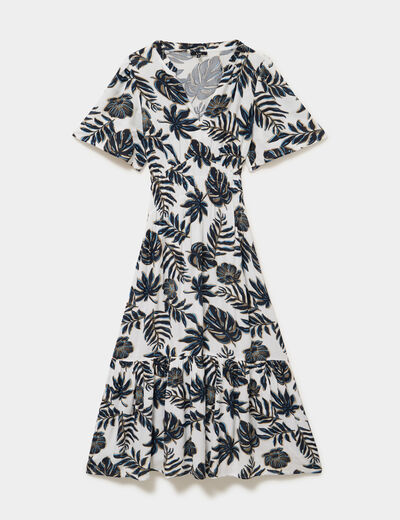 Robe longue col tunisien manches courtes ecru femme