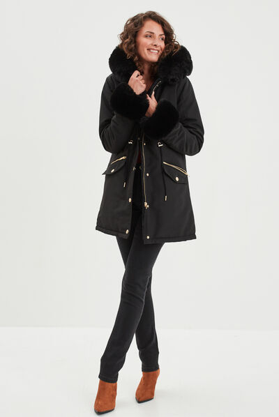 Parka fourrure capuche et poignets noir femme