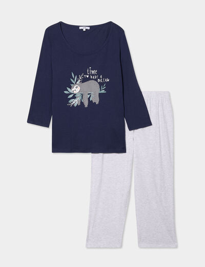 Ensemble pyjama corsaire 2 pièces coton bleu marine femme