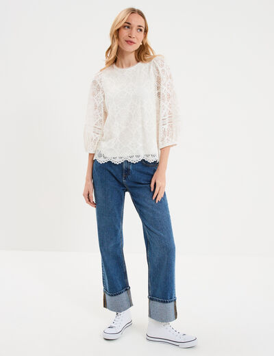 Blouse dentelle manches 3/4 blanc femme