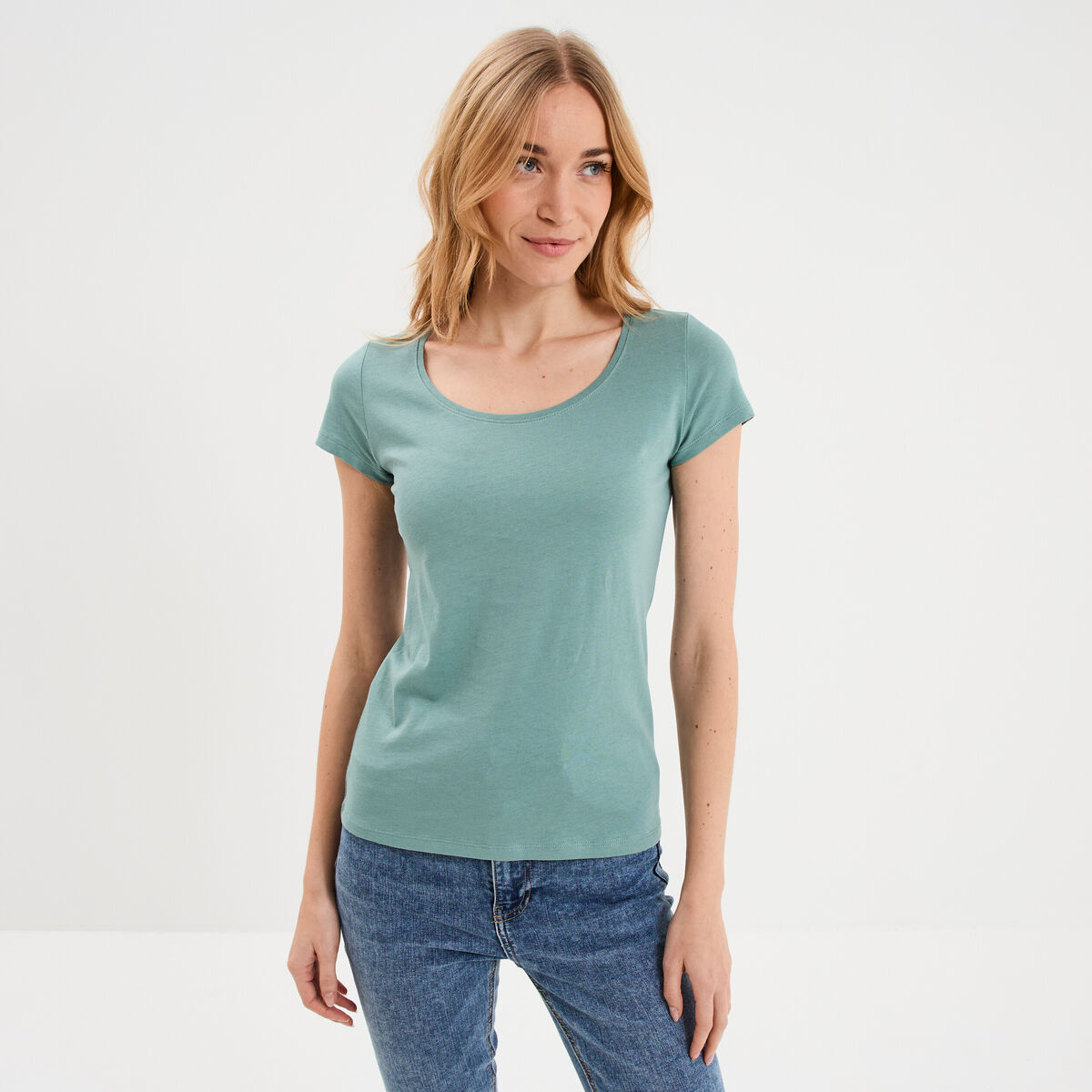 T-shirt coton col rond manches courtes bleu gris femme