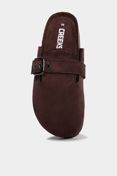 Mules su&eacute;dine avec boucles marron fonc&eacute; femme