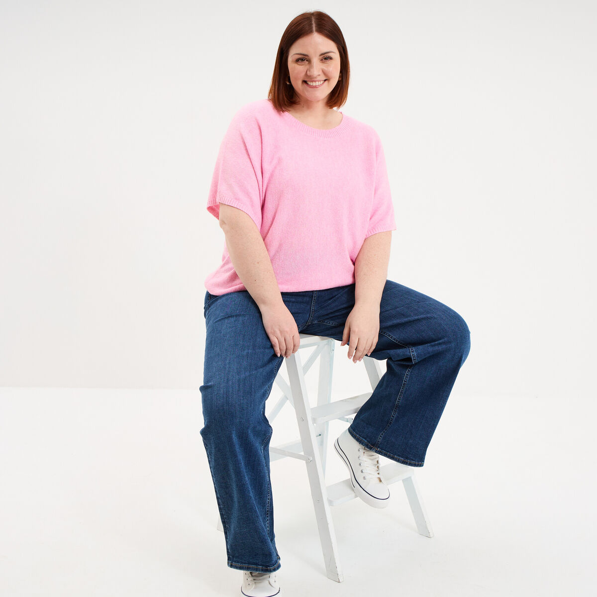 Pull manches courtes col rond rose femme grande taille